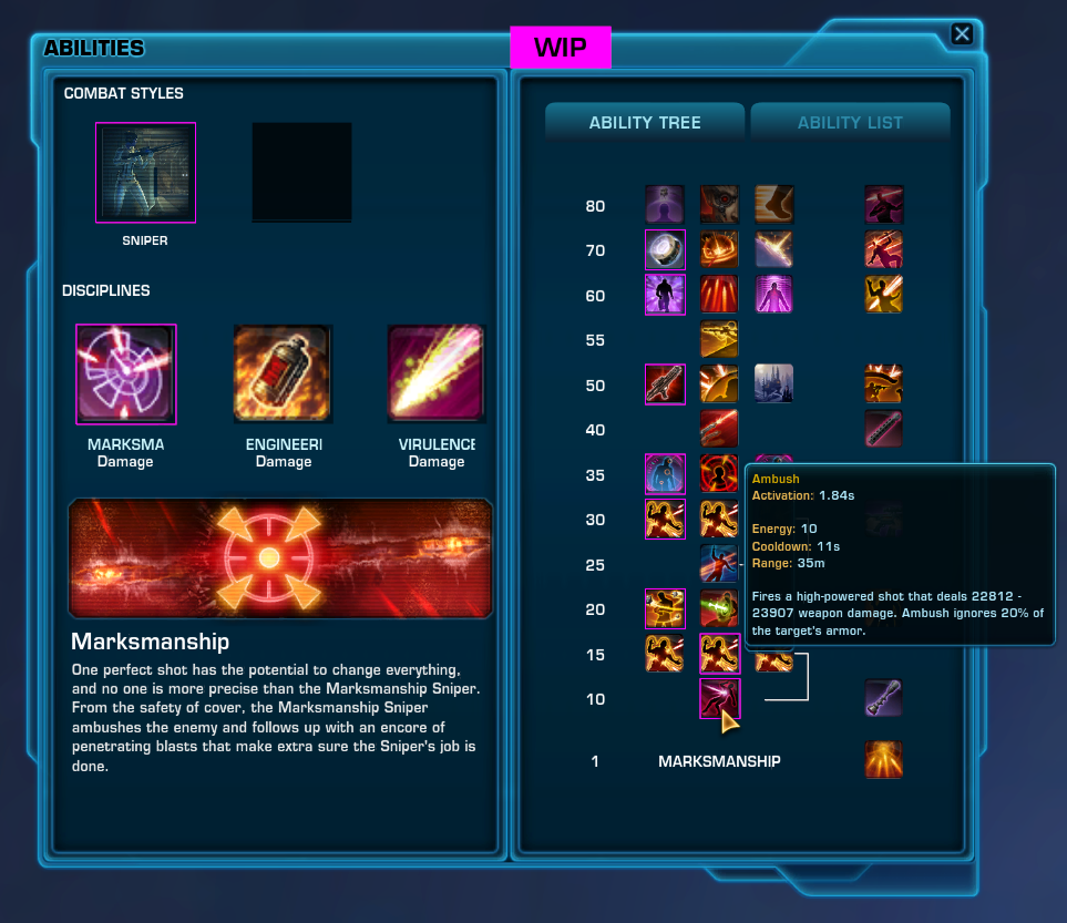 an image portraying the new abilities panel window, allowing the user to easily switch disciplines and skill selections